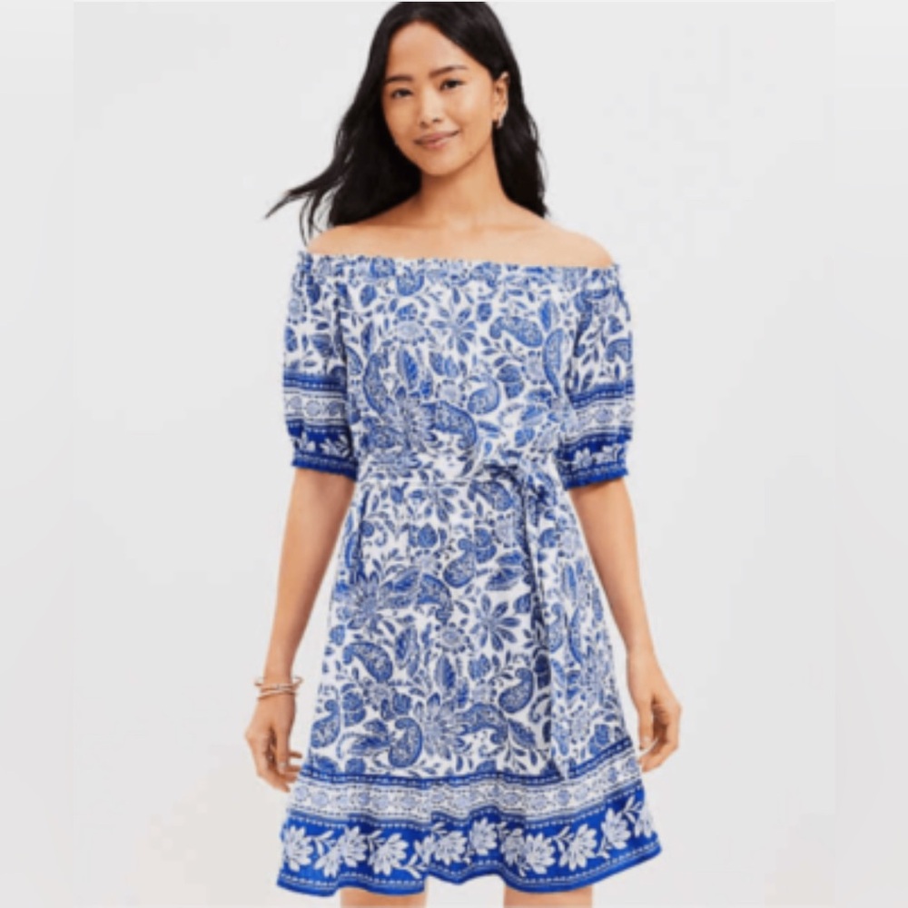 LOFT Blue and White Off-Shoulder Paisley Mini Dress